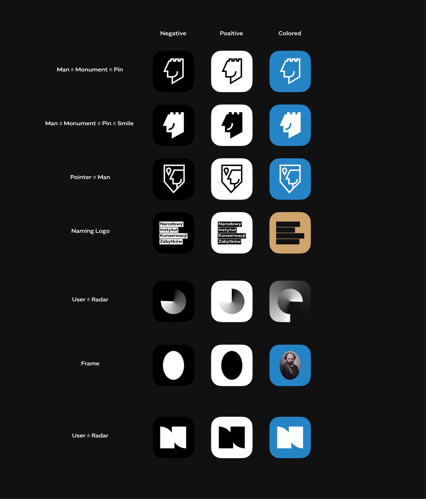 App icon and logo exploration: man / monument / pin marks in negative, positive and coloured variants