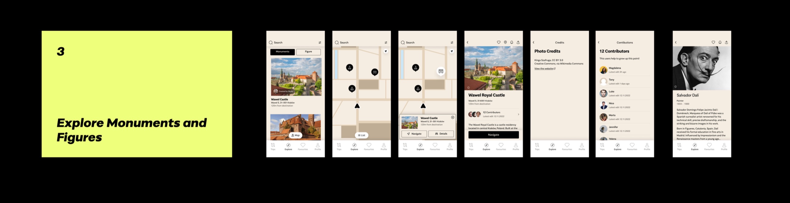 MonumentApp screens: browsing monuments and historical figures, the map with pins, a monument detail with contributors