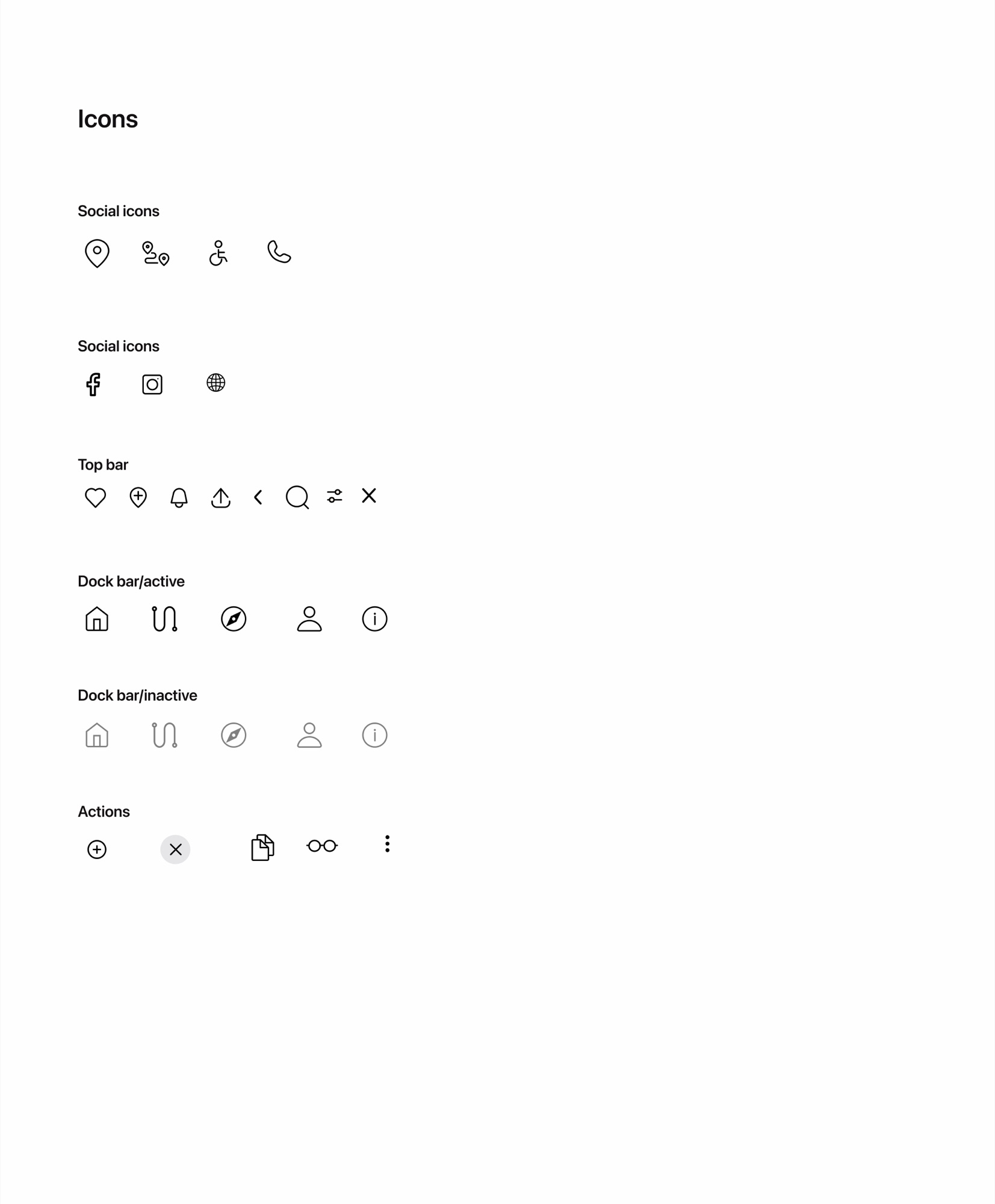 MonumentApp icon system: social, top-bar, dock-bar active and inactive, and action icons